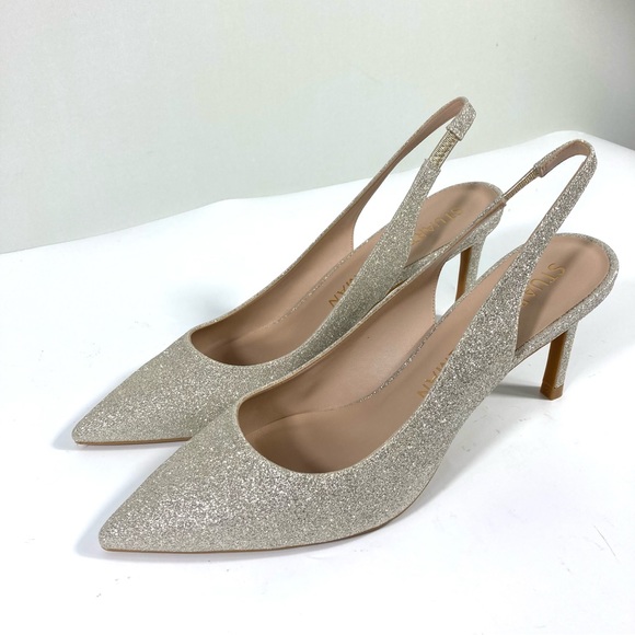 NWB Stuart Weitzman Linsi 75 Pointed Toe Glitter Slingback Pump Glitter Platino - Picture 10 of 17